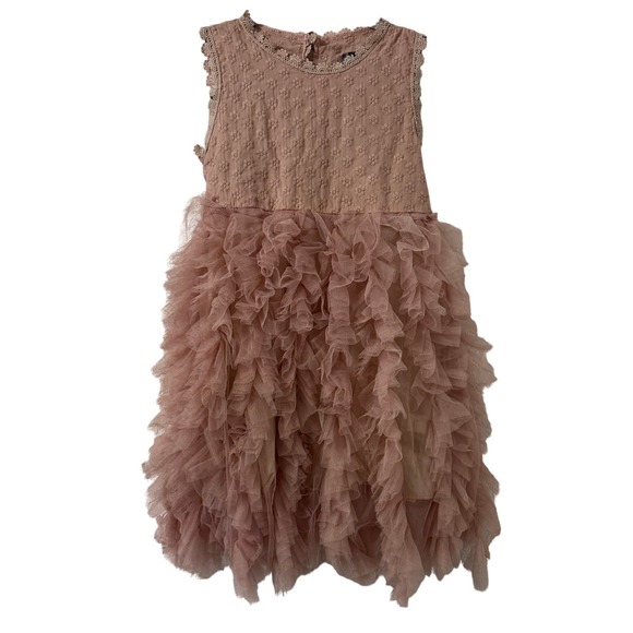 AiniBabe Other - AiniBabe Girls Pink Ruffle Tulle Dress Size 6 Lace Trim Pearl Buttons Fairy Boho